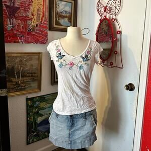 stained licorice embroidered bird floral short sleeve shirt